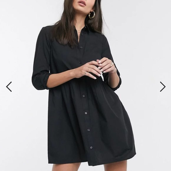 ASOS Cotton Mini Smock Shirt Dress Black - Picture 1 of 6